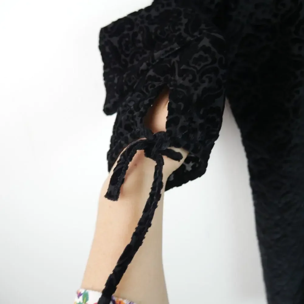 Talbots Plus 1X Top Black Velvet Popover Velour Blouse Tie Sleeve Boho Goth - Picture 4 of 7